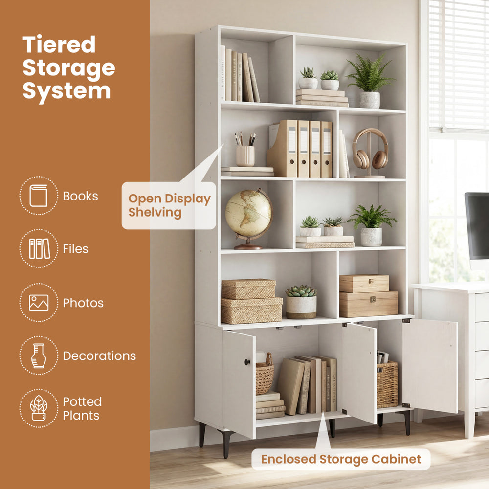 Tiered bookshelf with open display shelving and enclosed cabinet, featuring robust metal legs for home office.