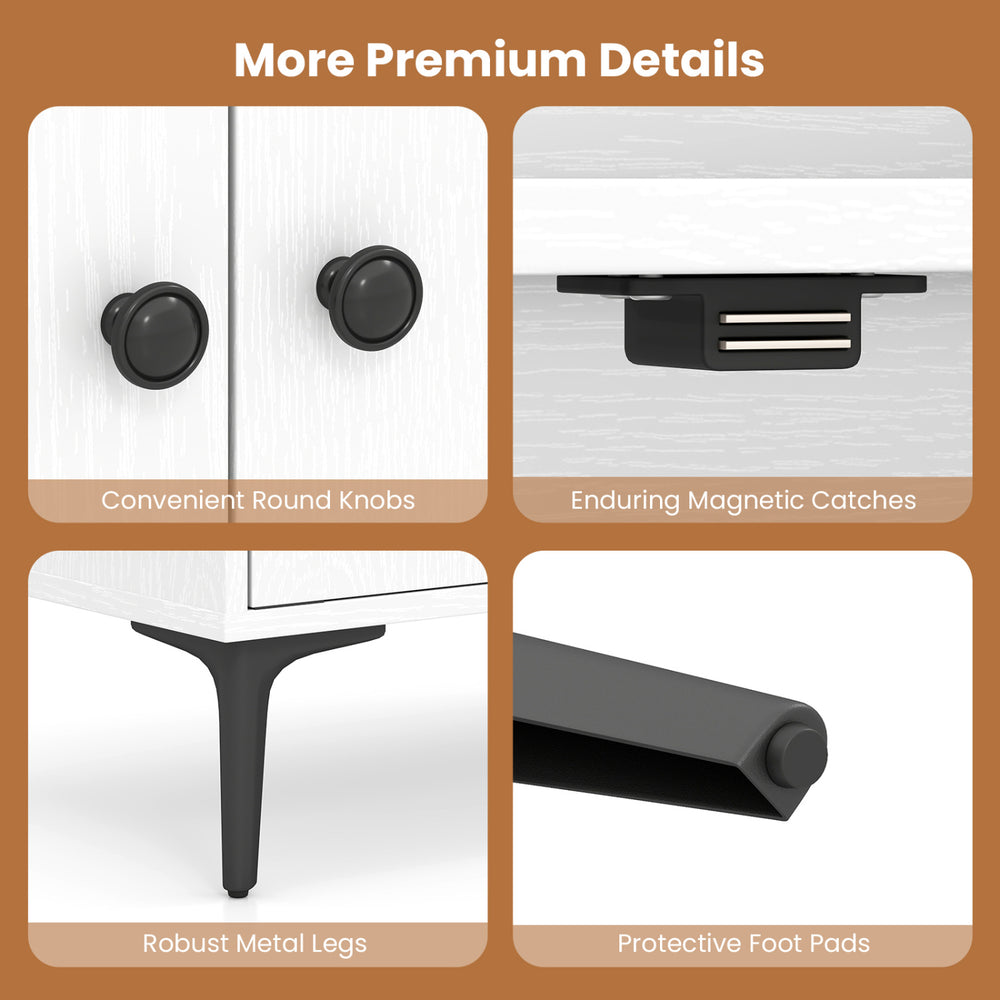 Close-up of the bookshelf's convenient round knobs and robust metal legs, featuring enduring magnetic catches and.