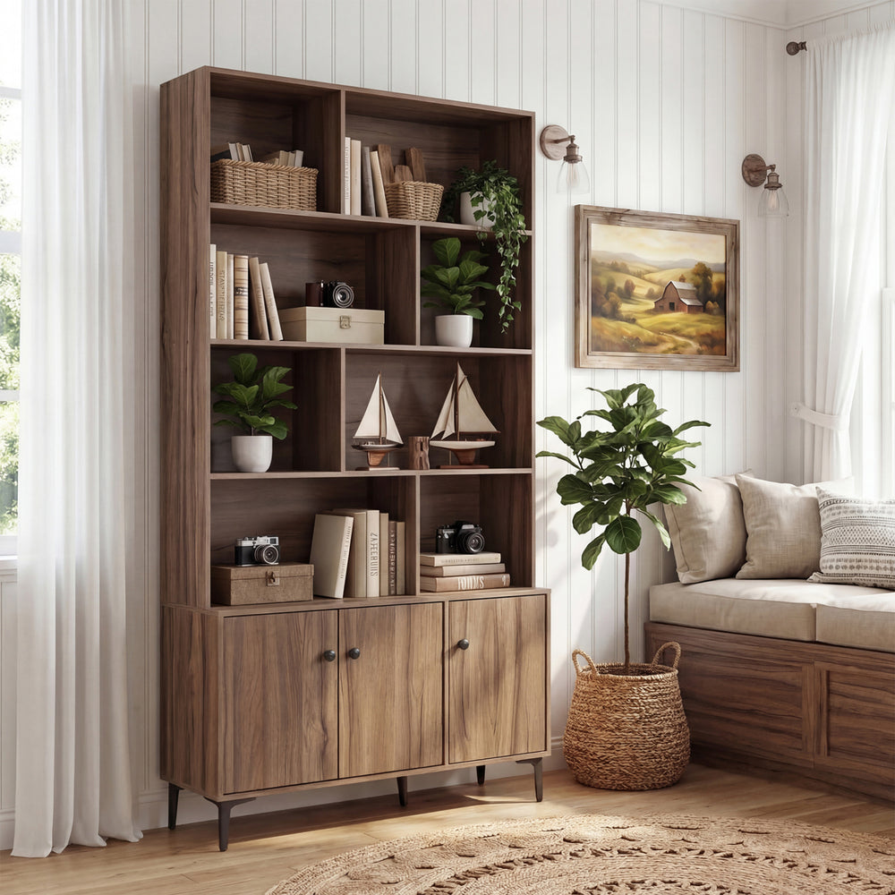Bookshelf with 3 Doors and 2 Anti-Tipping Kits for Home Office-Walnut - Gallery View 1 of 10