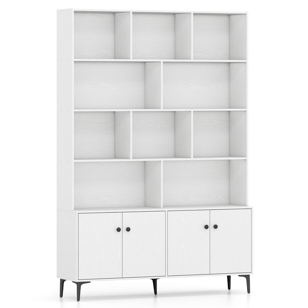 White bookshelf with open display shelves and 4 doors, featuring robust metal legs and anti-tipping kits for stability.