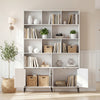 White bookshelf with open display shelving and enclosed storage, featuring 4 doors and robust metal legs for home.