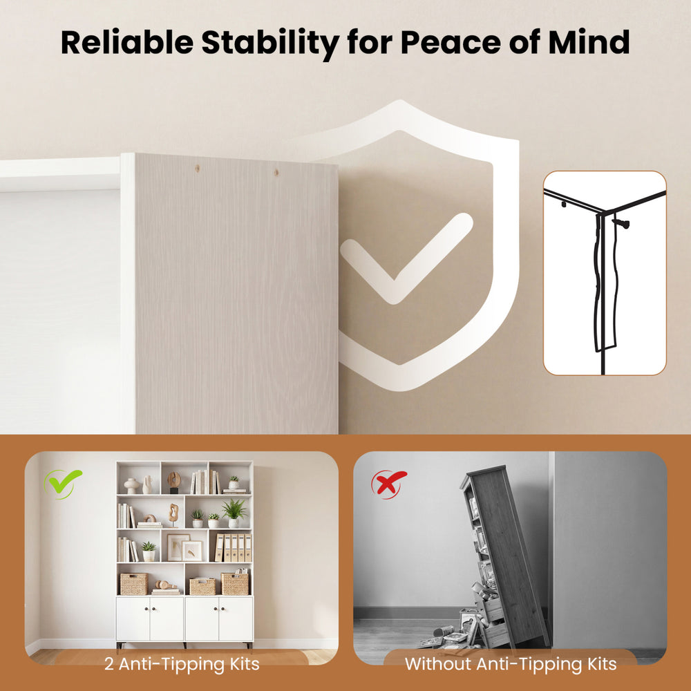 Bookshelf with 4 doors and 2 anti-tipping kits, showcasing stability features for home office use in white finish.
