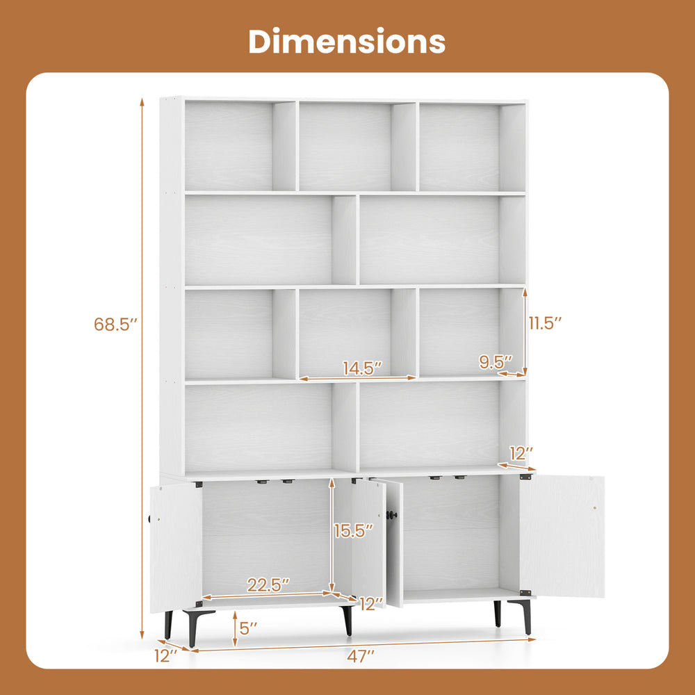 Dimensions of the white bookshelf with 4 doors, featuring open shelving and anti-tipping kits for home office stability.