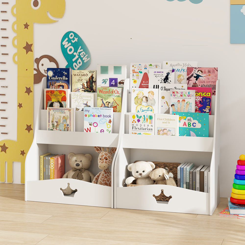 4-tier kids bookshelf in white with shelves and compartments, perfect for organizing children's books and toys.
