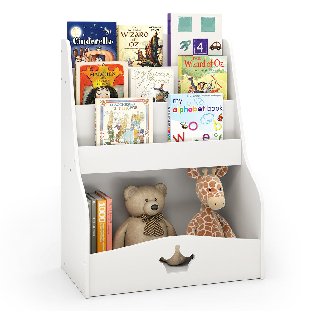 4-tier kids bookshelf in white featuring a charming design, ideal for toddlers to access and organize their favorite.