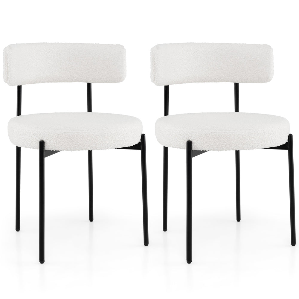 Set of 2 white boucle dining chairs with curved backrest and metal legs, ideal for dining room or living space.