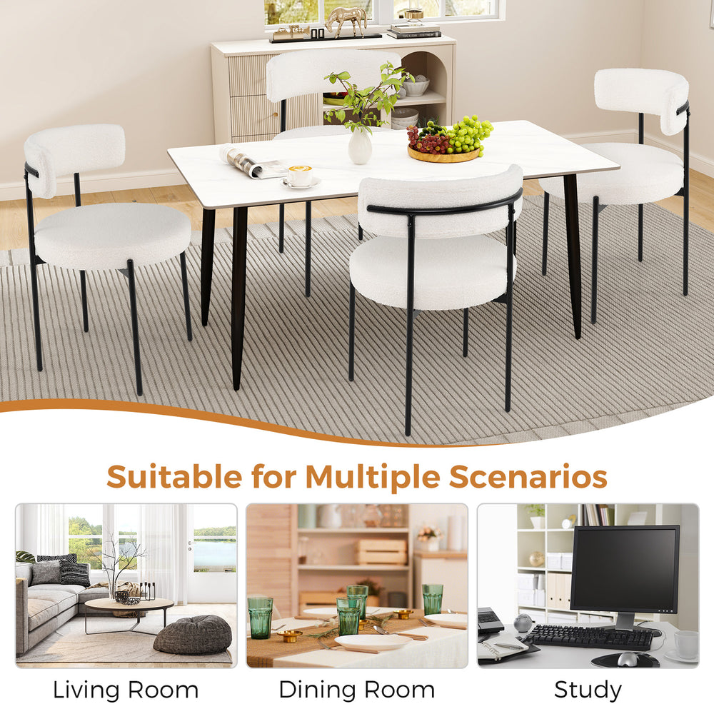 Boucle dining chair set of 2 in white with curved backrest and metal legs, ideal for dining room or study use.