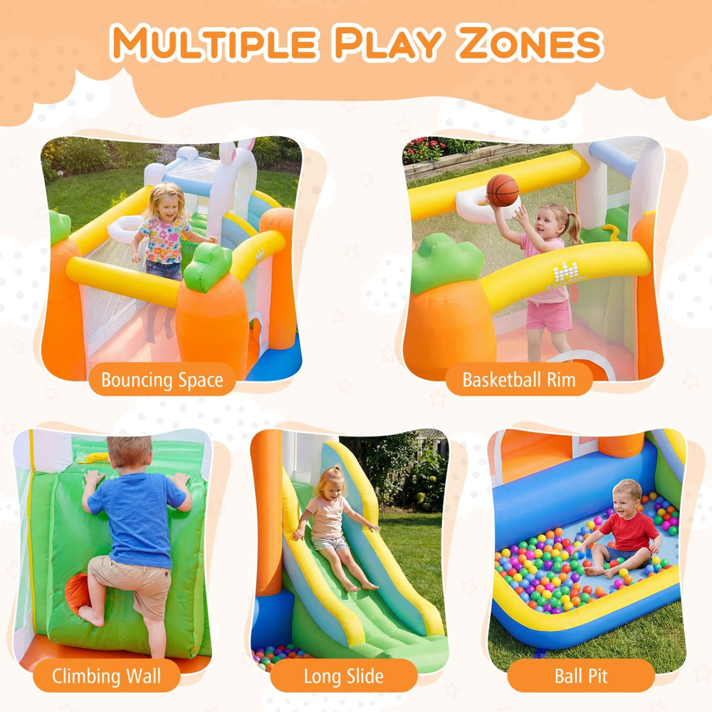 Bounce house with climbing wall, long slide, and basketball rim for kids aged 3-12, perfect for backyard parties.