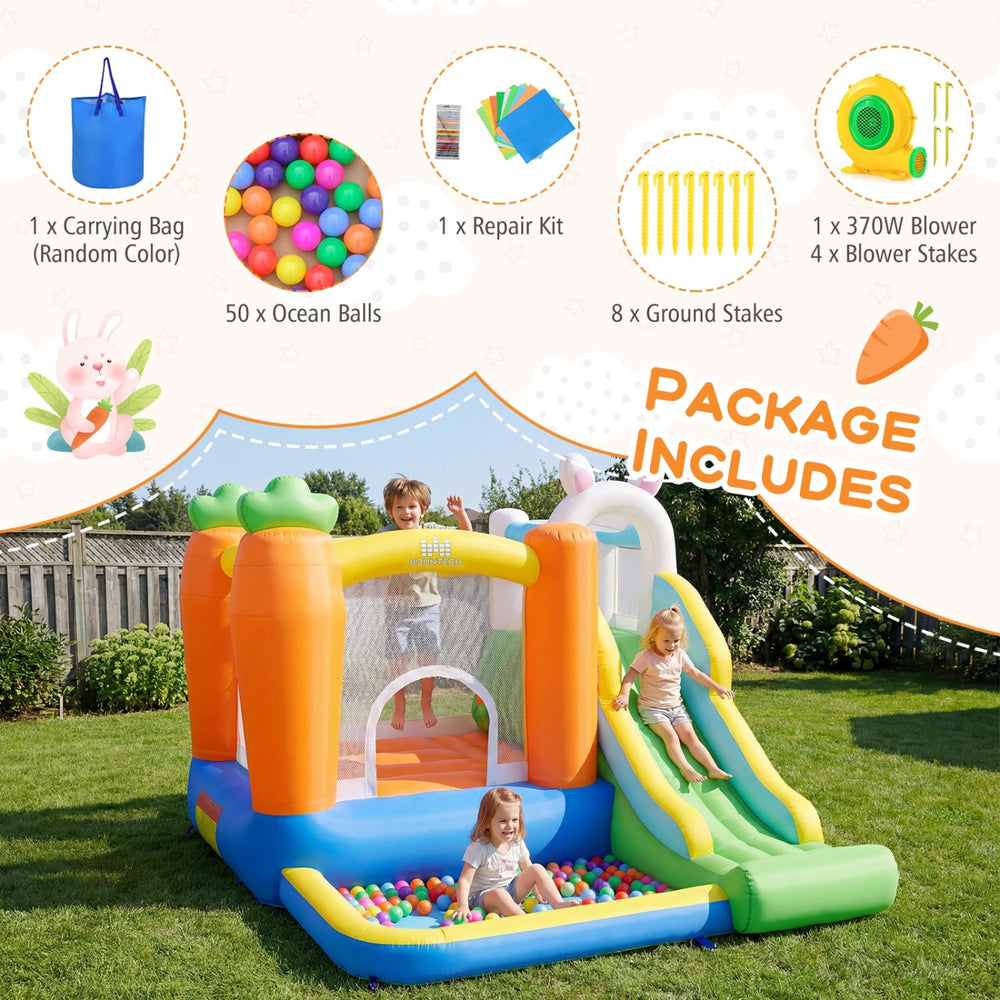Bounce house with climbing wall and slide, featuring a ball pit and 370W blower for backyard fun.