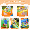 Bounce house with climbing wall, long slide, and basketball rim for kids' outdoor fun and backyard parties.