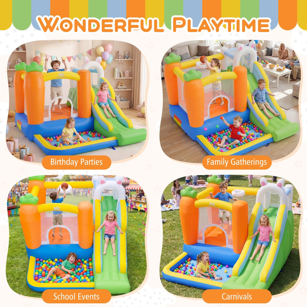 Bounce house for kids with climbing wall, slide, and ball pit, perfect for birthday parties and family gatherings.