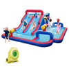 Inflatable bounce house with dual water slides, three water cannons, and large splash pool for outdoor fun.