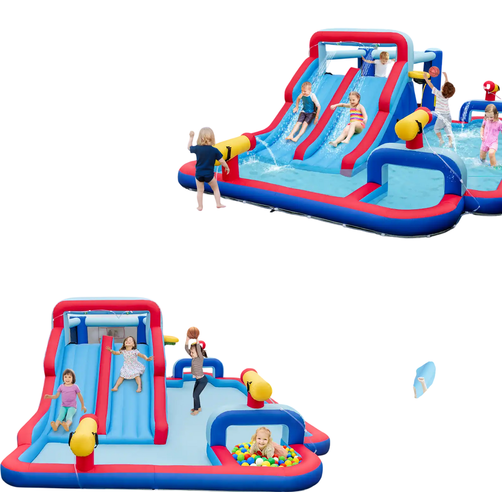 Inflatable bounce house with dual water slides, 3 water cannons, and splash pool for outdoor fun or indoor parties.