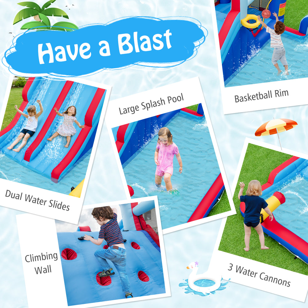 Inflatable bounce house with dual water slides, climbing wall, and splash pool for kids' summer fun and water play.