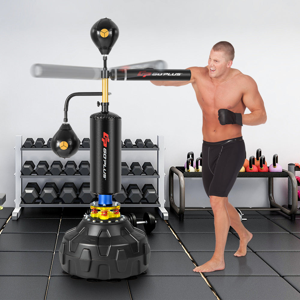 Boxing speed trainer featuring two speed balls and a durable freestanding design for enhanced agility and fitness.