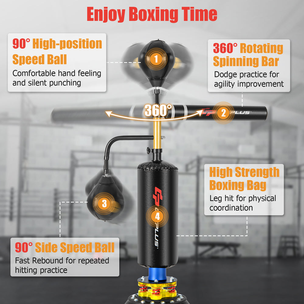 Boxing Speed Trainer with 360° spinning bar and dual speed balls for agility training, adjustable height for all users.