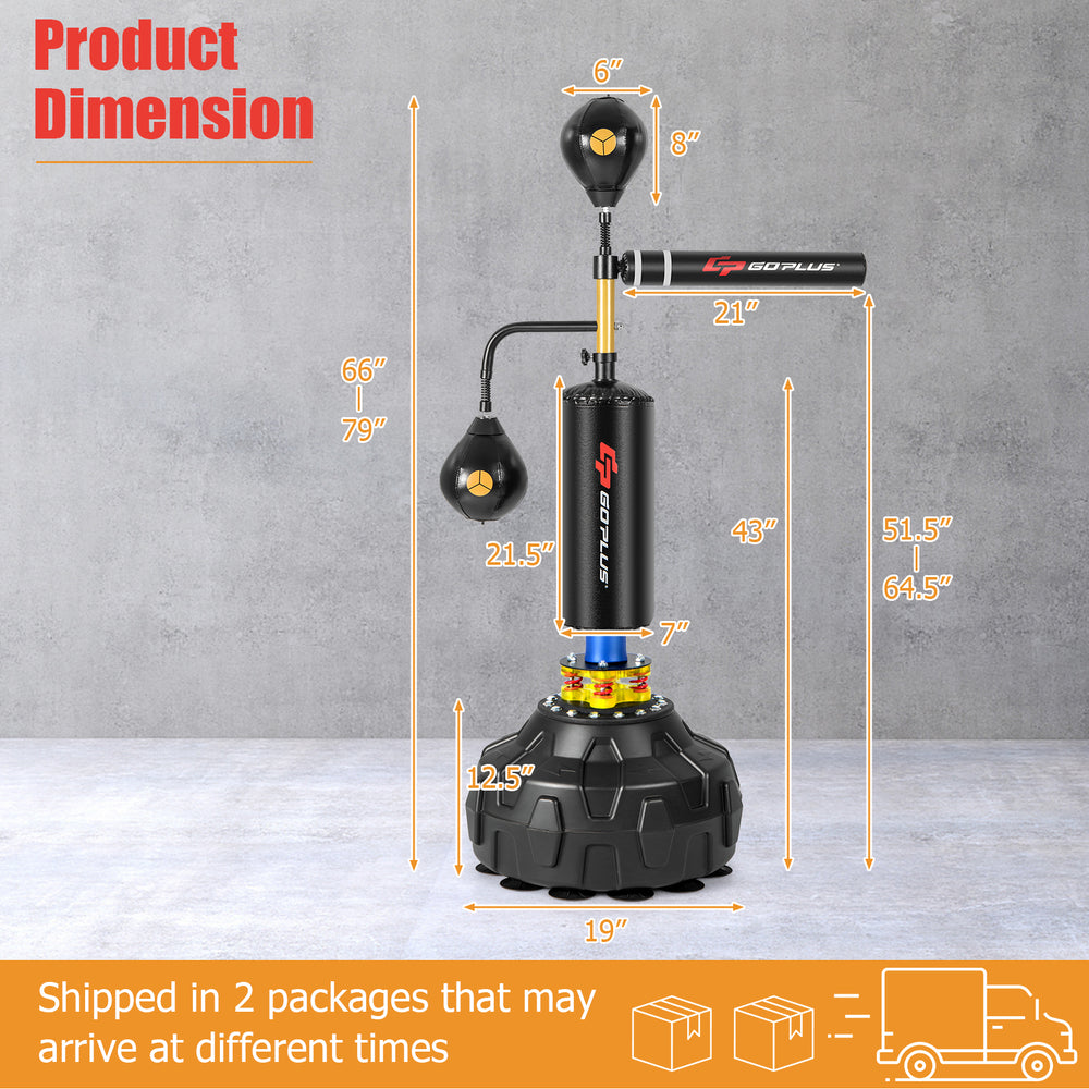 Dimensions of the Boxing Speed Trainer with adjustable height, 360° spinning bar, and fillable base for stability.