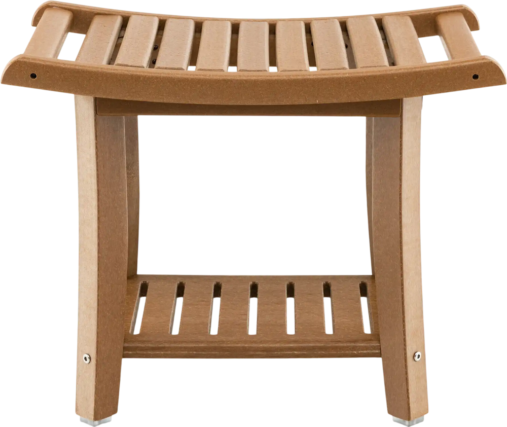 Brown waterproof bath stool with curved seat, slatted design, and storage shelf, ideal for shower or vanity use.
