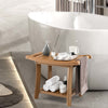 Waterproof brown bath stool with curved seat, 2-tier storage shelf, and anti-slip foot pads for bathroom use.