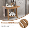 Waterproof bath stool in brown with curved seat, HDPE material, and 2-tier storage shelf for versatile use.