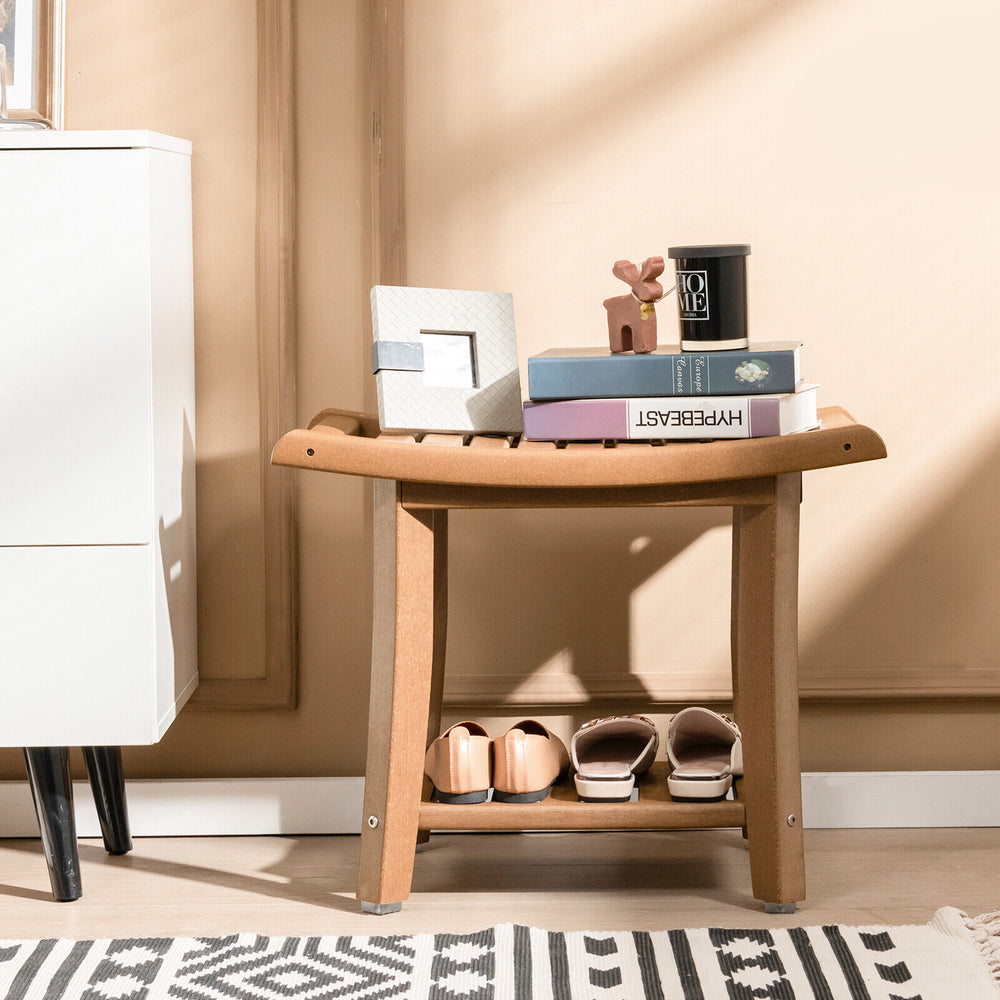 Waterproof Bath Stool with Curved Seat and Storage Shelf-Brown - Gallery View 1 of 10