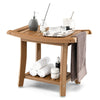 Waterproof brown bath stool with curved seat, slatted design, and storage shelf for bathroom or shower use.