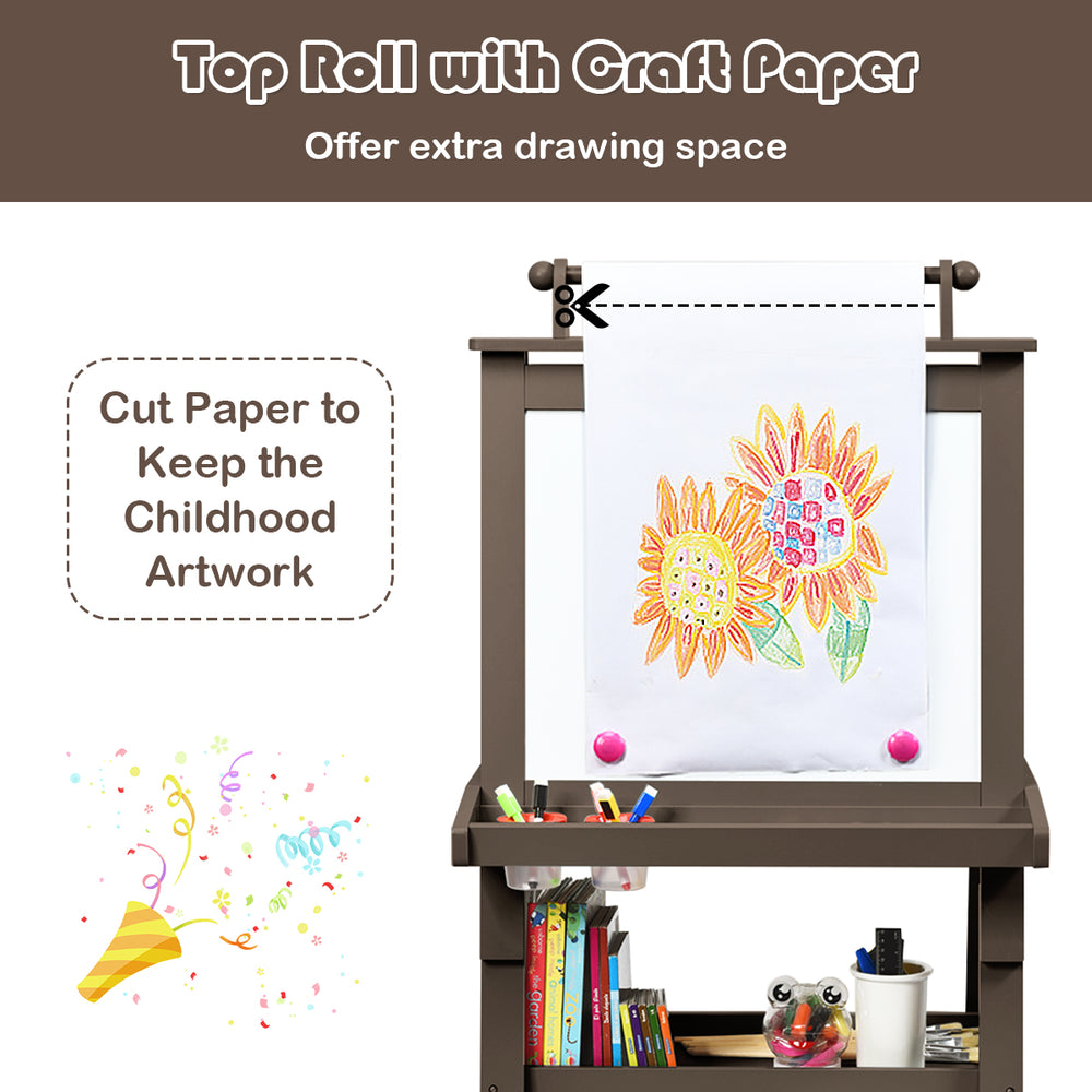 Top roll with craft paper on a brown double-sided art easel, ideal for kids' creative drawing activities.