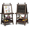 Double-sided brown art easel with magnetic whiteboard and chalkboard, featuring storage trays and bins for kids' art.