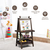 Double-sided art easel in brown with magnetic whiteboard, chalkboard, and ample storage for kids' art supplies.