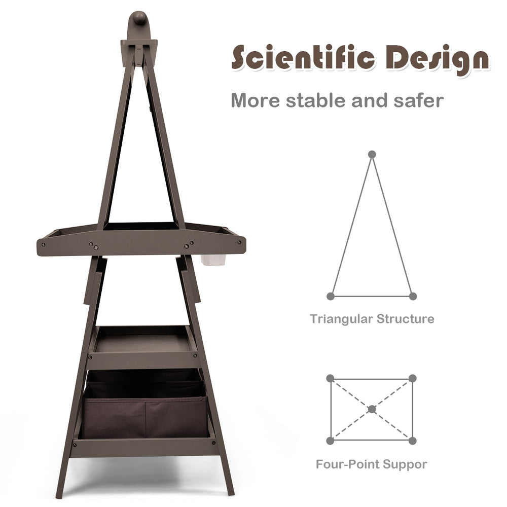 Double-sided storage art easel in brown with triangular structure, featuring magnetic whiteboard and chalkboard for.
