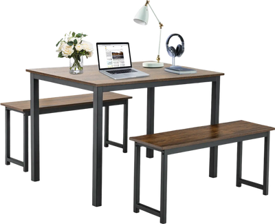 Costway 3-Piece Dining Table Set w/ 2 Benches Brown 59382074 New