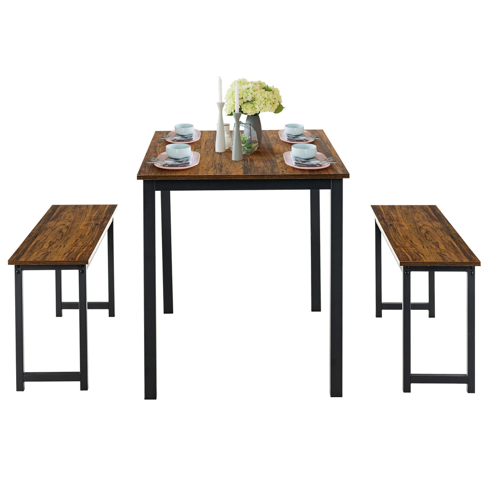 3-piece dining table set featuring a brown wood finish with two benches, perfect for small dining rooms or kitchens.