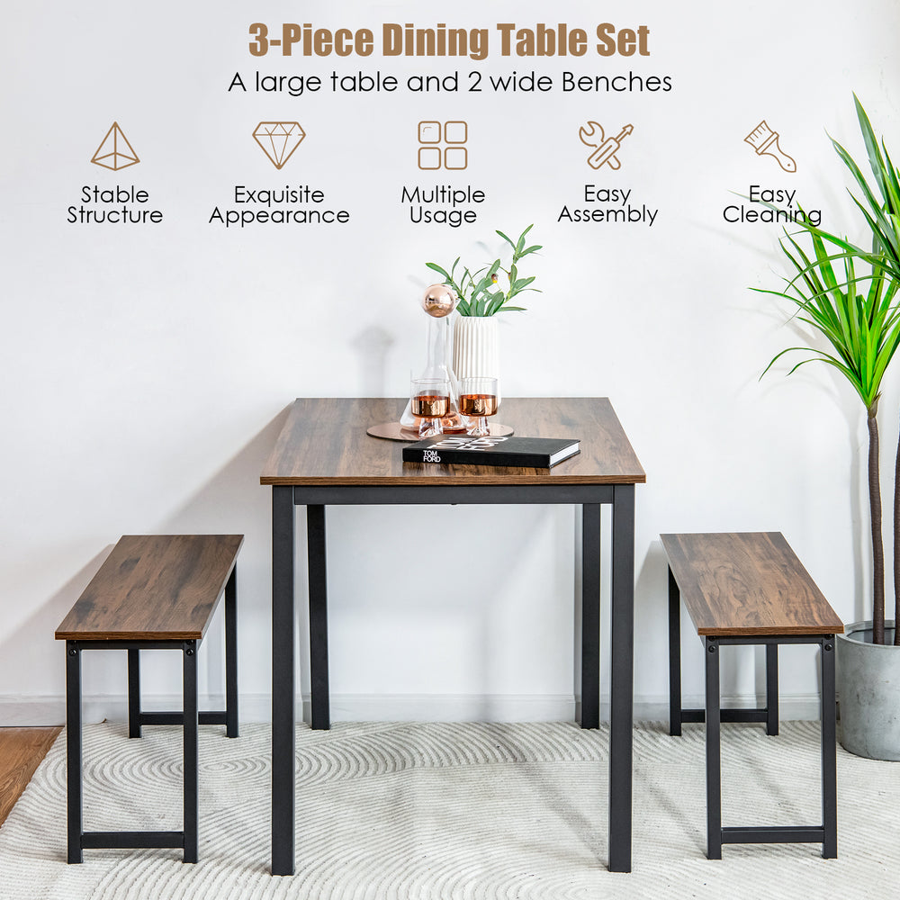3-piece dining table set featuring a brown table and two benches, perfect for space-saving in dining rooms or kitchens.