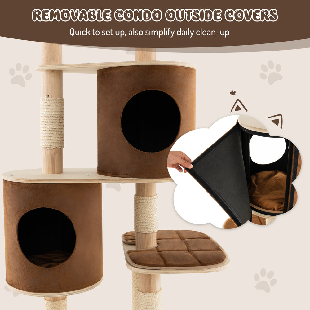 6-tier wooden cat tree with removable condos and platforms in brown, perfect for cats to play and relax.