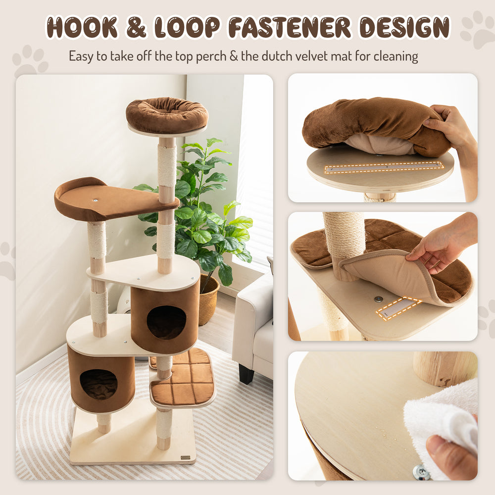 6-tier wooden cat tree with removable condos and perch, featuring a hook & loop fastener design for easy cleaning.