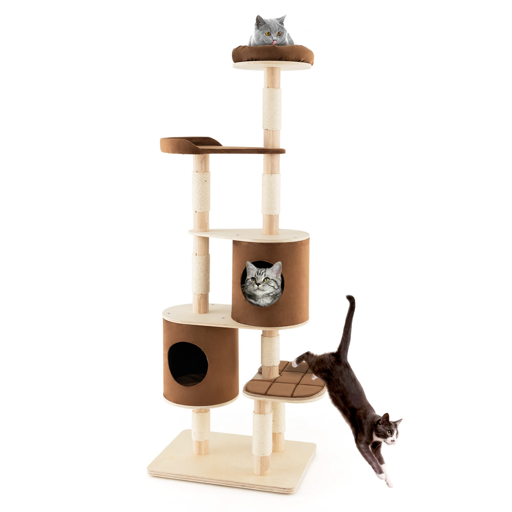 6-tier wooden cat tree in brown with removable condos, platforms, and a top perch for multiple cats to enjoy.
