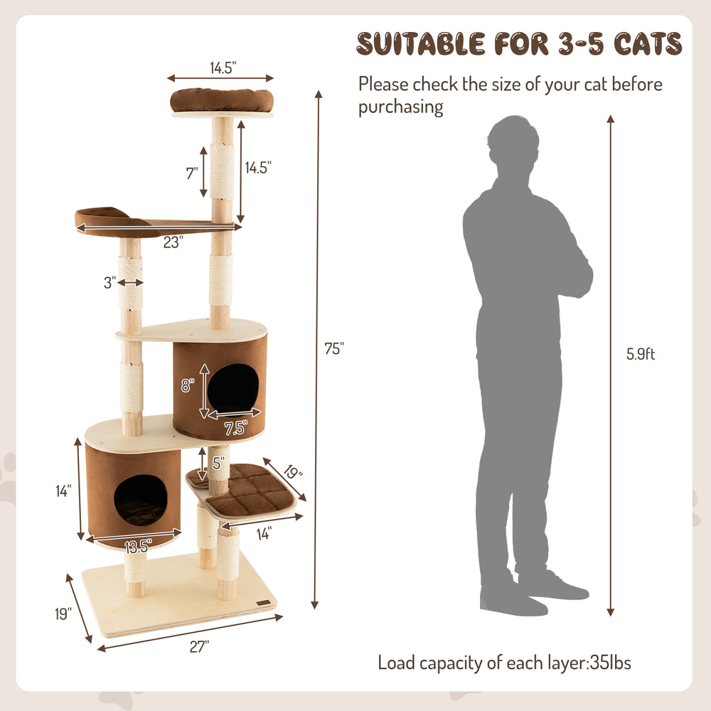 6-tier wooden cat tree in brown with removable condos and perch, perfect for 3-5 cats to play and relax.