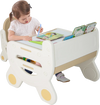 Kids drawing table and chair set in brown, showcasing a child using the spacious tabletop for creative activities with.