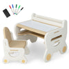 Kids drawing table and chair set in brown with spacious tabletop, ergonomic design, and included watercolor pens.