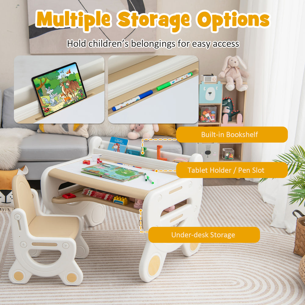 Kids drawing table and chair set in brown with built-in storage, ideal for drawing and learning activities.