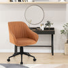 Brown modern home office chair with curved backrest and armrests, adjustable height, and 360° swivel for versatile use.