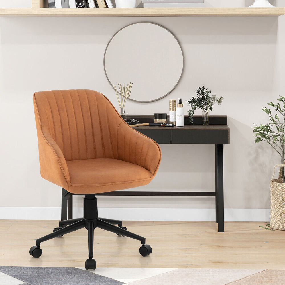 Brown modern home office chair with curved backrest and armrests, adjustable height, and 360° swivel for versatile use.