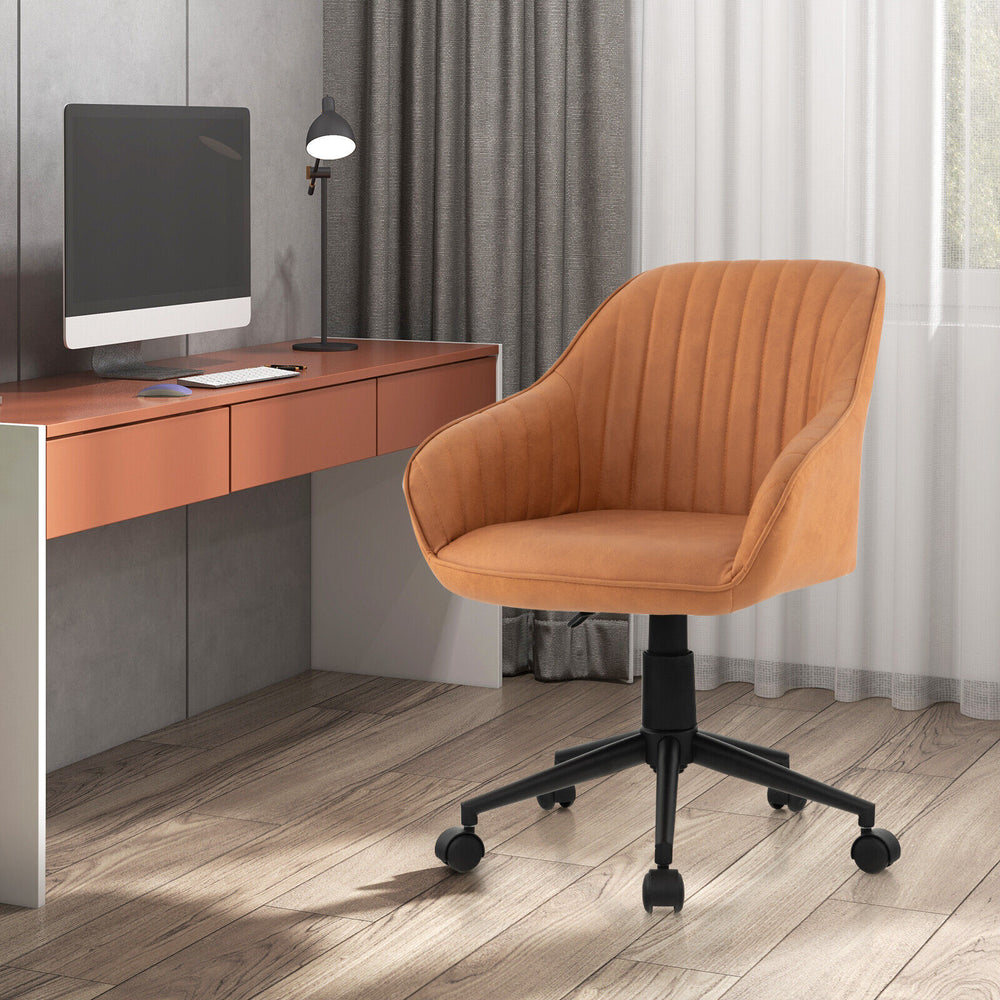 Modern brown office chair with curved backrest and ergonomic armrests, ideal for home or office use.