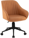 Brown modern home office chair with curved backrest, ergonomic armrests, and adjustable height for versatile use.