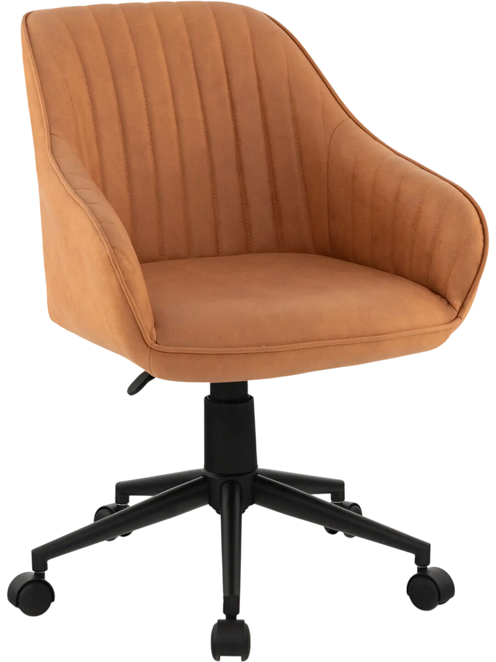 Brown modern home office chair with curved backrest, ergonomic armrests, and adjustable height for versatile use.