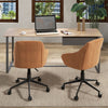 Brown modern home office chair with curved backrest and ergonomic armrests, ideal for comfortable desk use.