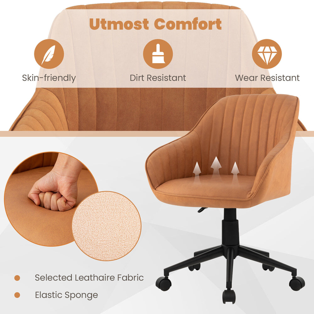 Brown modern home office chair with curved backrest, ergonomic armrests, and PU leather for comfortable seating.