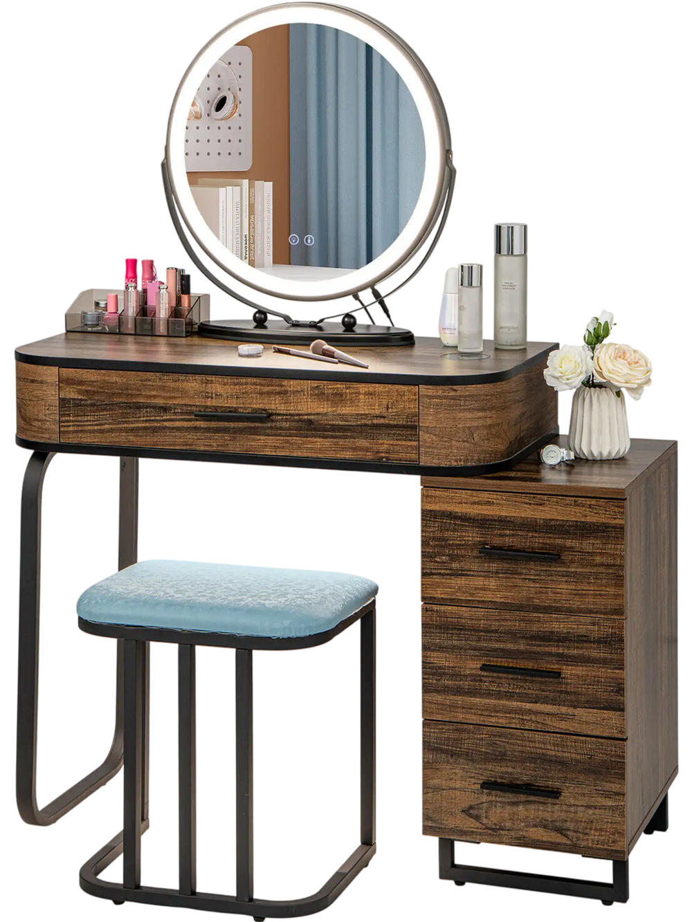 Vanity table set with lighted mirror, brown finish, and cushioned stool, featuring a 3-in-1 charging station for.