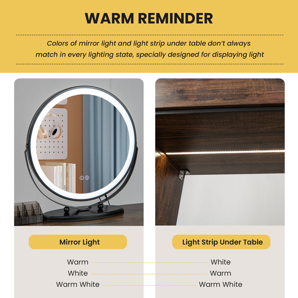 Vanity table set featuring a lighted mirror with 3 color temperatures and a charging station, designed for stylish.