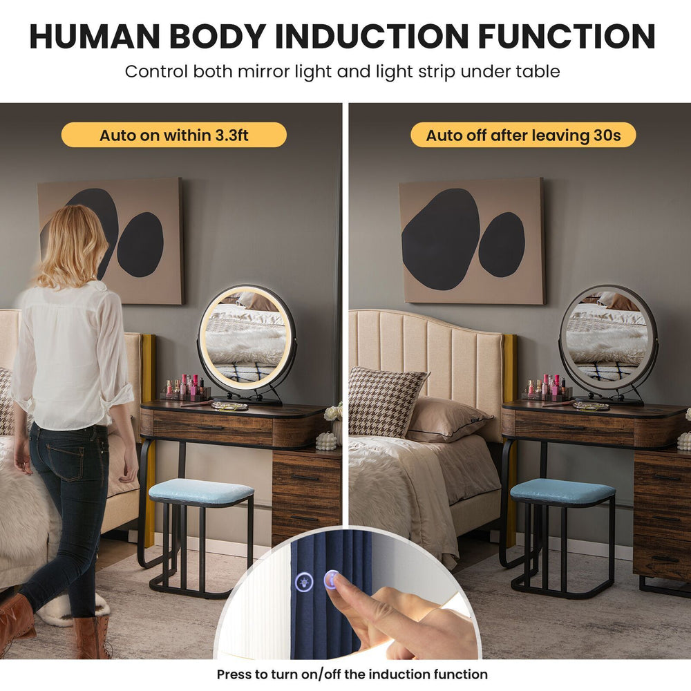 Vanity table set featuring a lighted mirror, charging station, and human body induction function for convenient use.